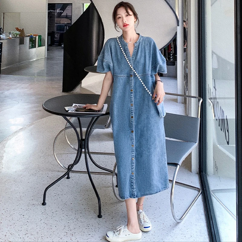 Johnature Vintage Denim Dress Women Summer Thin 2024 New Loose Casual Straight Korean Single-breasted Female Dresses