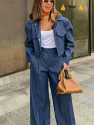 HH Fashion Women Pants Suit Elegant Female Long Sleeve Pockets Cropped Coat+Front Pleats High Waist Pants Two Pieces Set