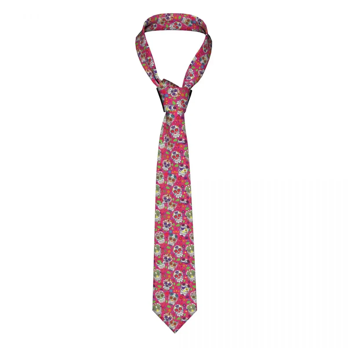 Fashion Colorful Sugar Skull Flower Pink Pattern Tie for Office Personalized Men Day of the Dead Catholic Necktie