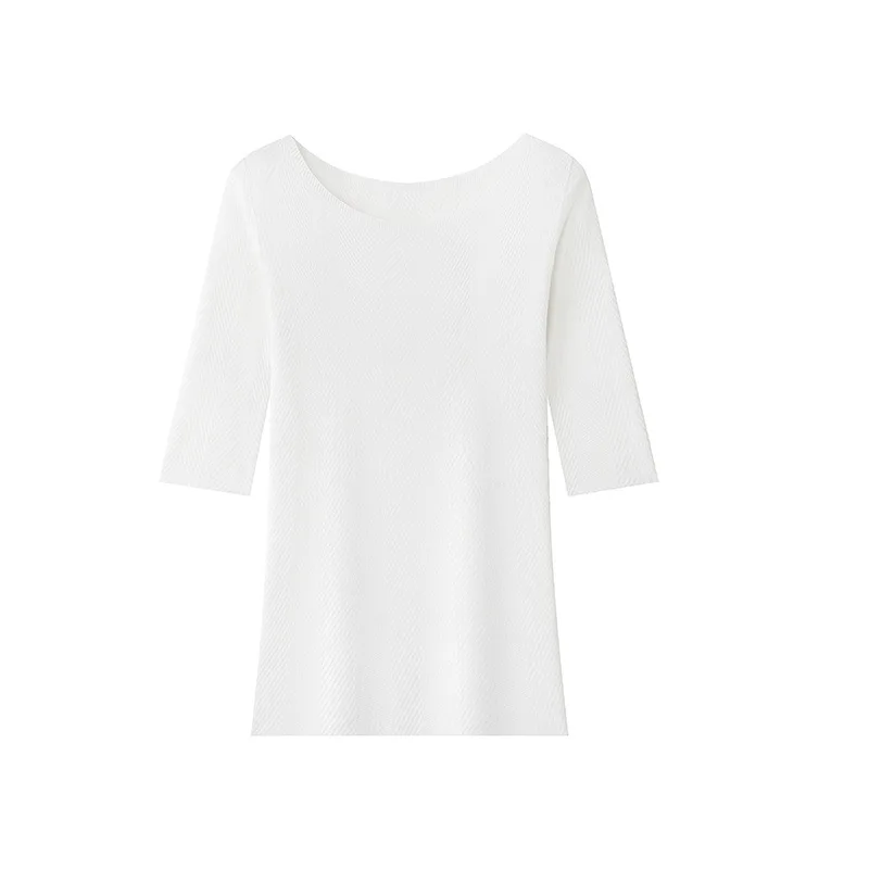 Damska Jesienna Nowa Bezszwowa Ultracienka Koszulka Dzianinowa z Mieszanki Lyocellu, Jedwabiu Morwowego i Naturalnego Jedwabiu, Wyszczuplająca, z Efektem Wodnej Falki