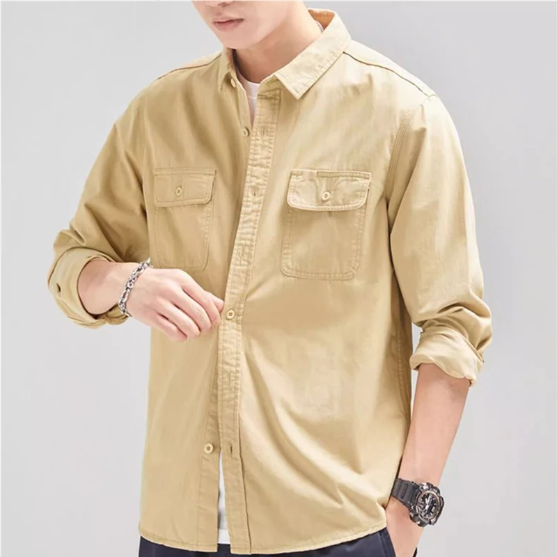 2024 Men\'s Casual Shirts Daily Social Business Blouse Shirt Double Pocket Loose Versatile Casual Long Sleeve Shirt Workwear Top