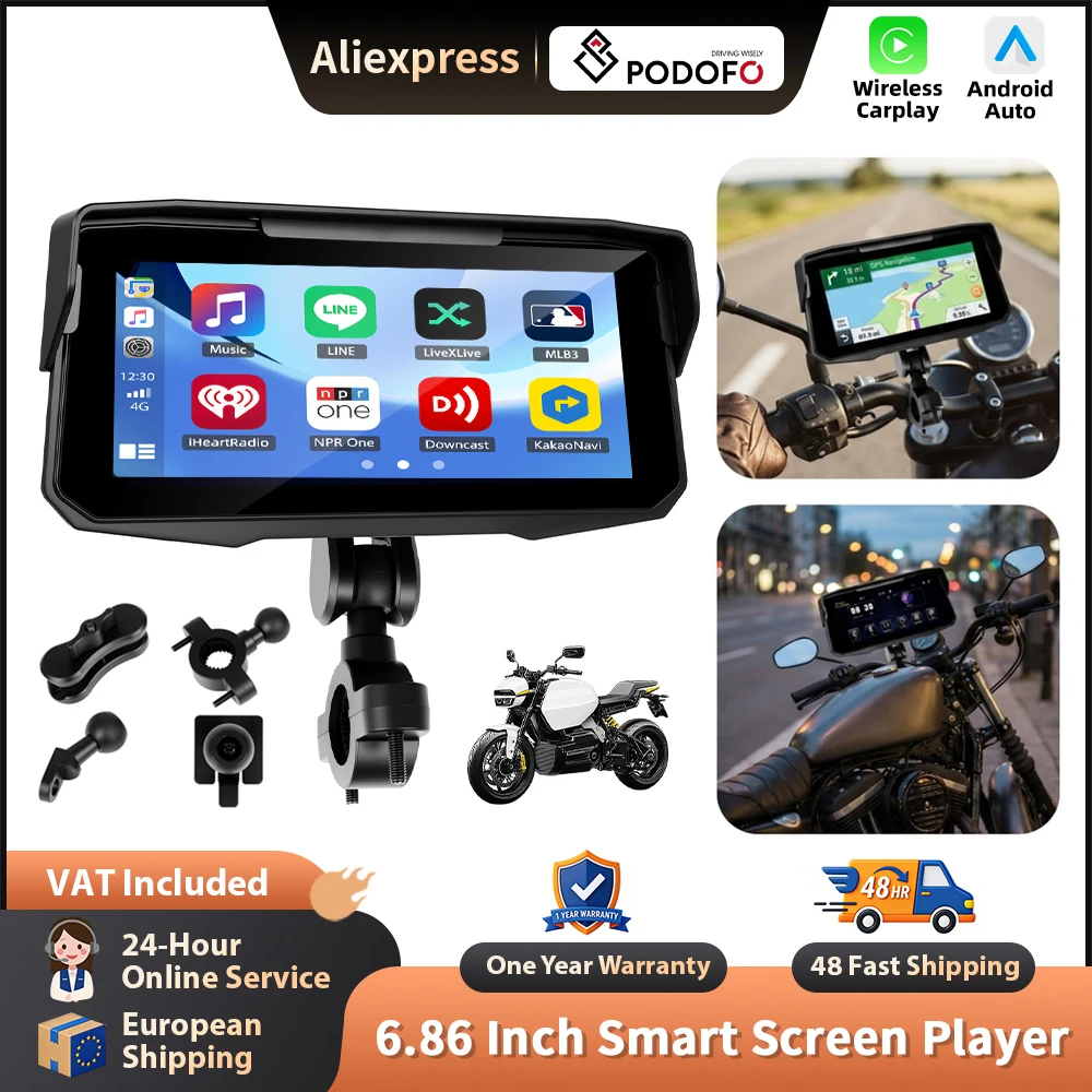 Podofo Kabelloser Carplay Android Auto Motorrad-Monitor Videorekorder Armaturenbrett IP68 Wasserdicht BT Audioübertragung Android Cast Airplay Smart Screen Player Videorekorder
