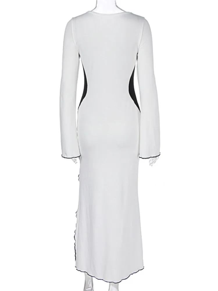 Sexy Bodycon Flared Sleeve Long Dress Fashion Elegant Casual Slim Wrap Hip Round Neck Vestidos Beach Holiday Hem Slit Dresses