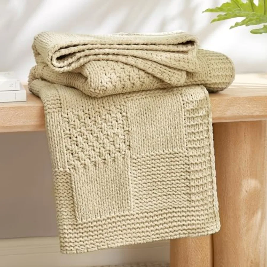 

Knit Throw Blanket, Soft Chenille Cozy Breathable Checkered Chunky Decorative Blanket for Couch, Bed and Sofa, French-Inspired