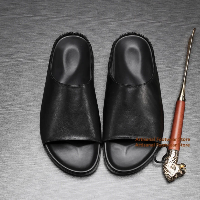 Black Leather Slip On Mules Slipper Men's Sandals Summer Casual Beach Shoes Soft Sole Anti Slip and Breathable Men's Sandals