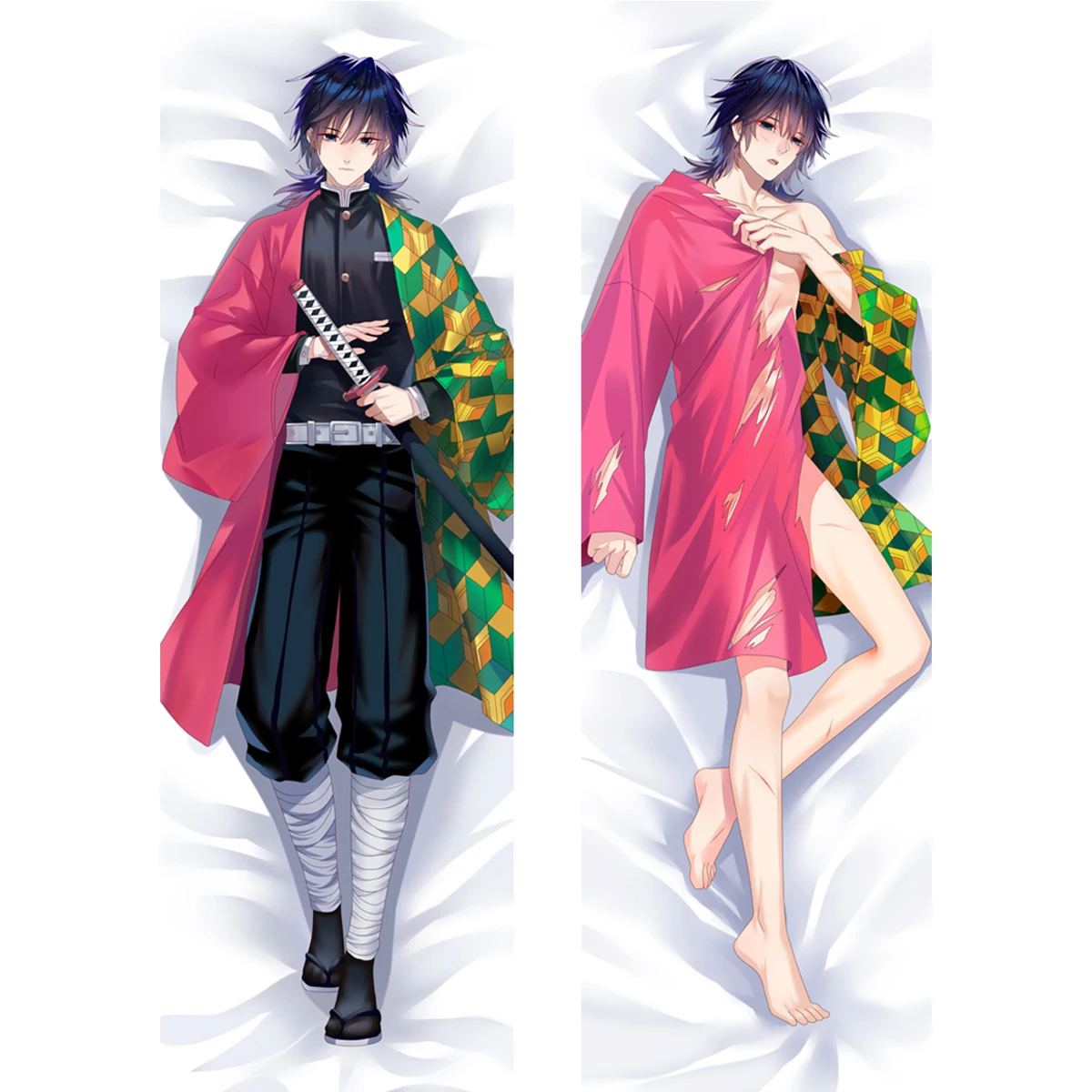 Anime Dark Blue Hair Boy Checkered Coat And Red Robe Dakimakura Pillowcase Double Sided Long Body Pillow Cover