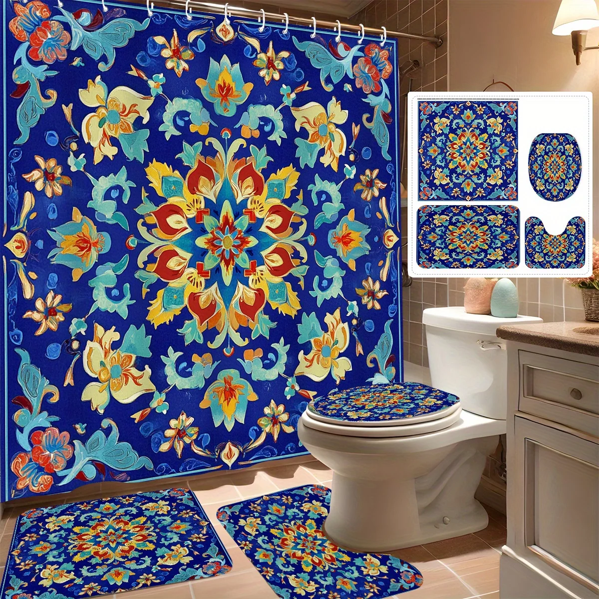 

4pcs Shower Curtain Set, Elegant Blue Floral Pattern, Modern Bathroom Decor, Includes 12 Hooks, Non-Slip Bath Mat, U-Shaped