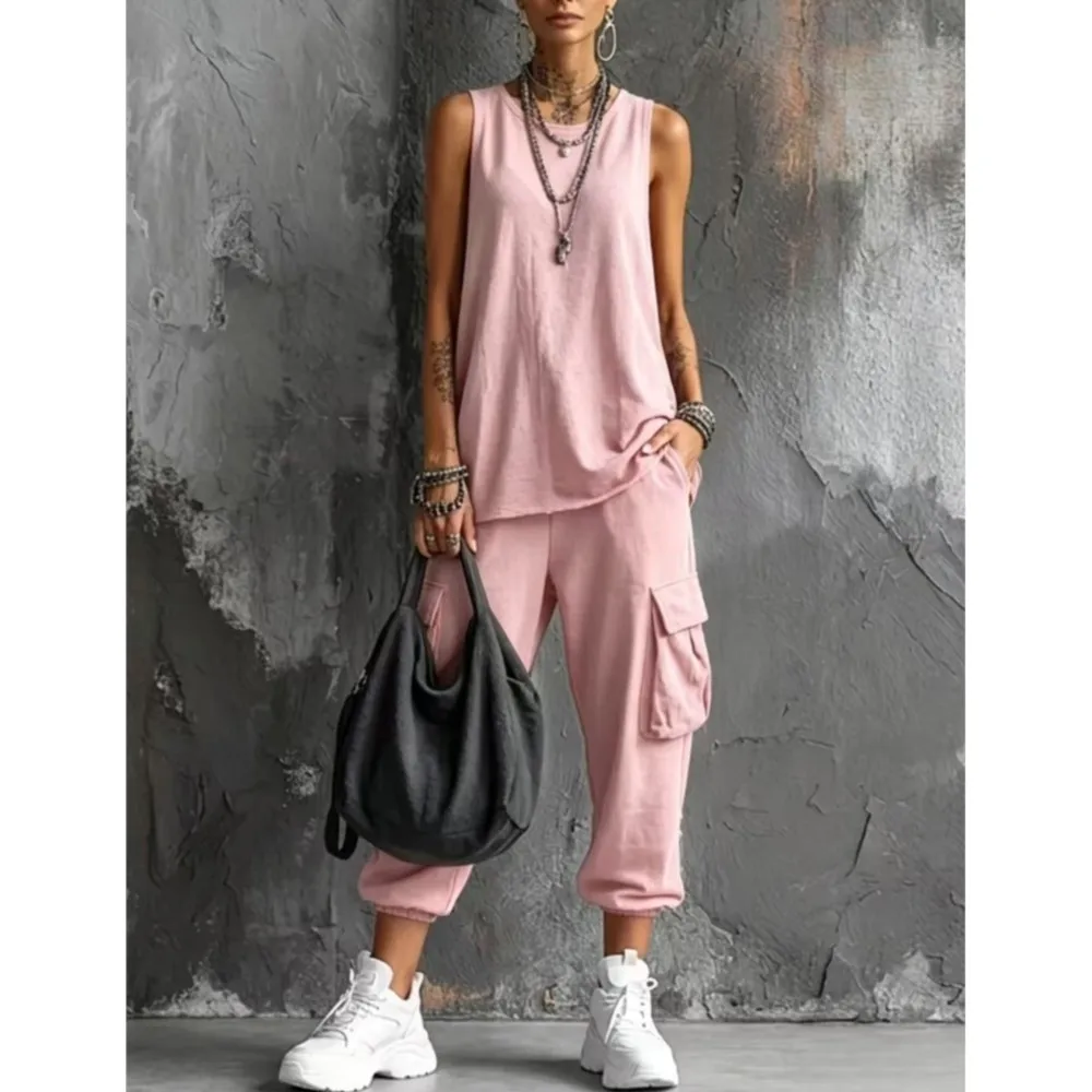 Summer Casual O Neck Vest T-shirt 7-point Pants 2piece Set Fashion Pocket Overalls Loose Retro Simple Women's Vacation Pants Set