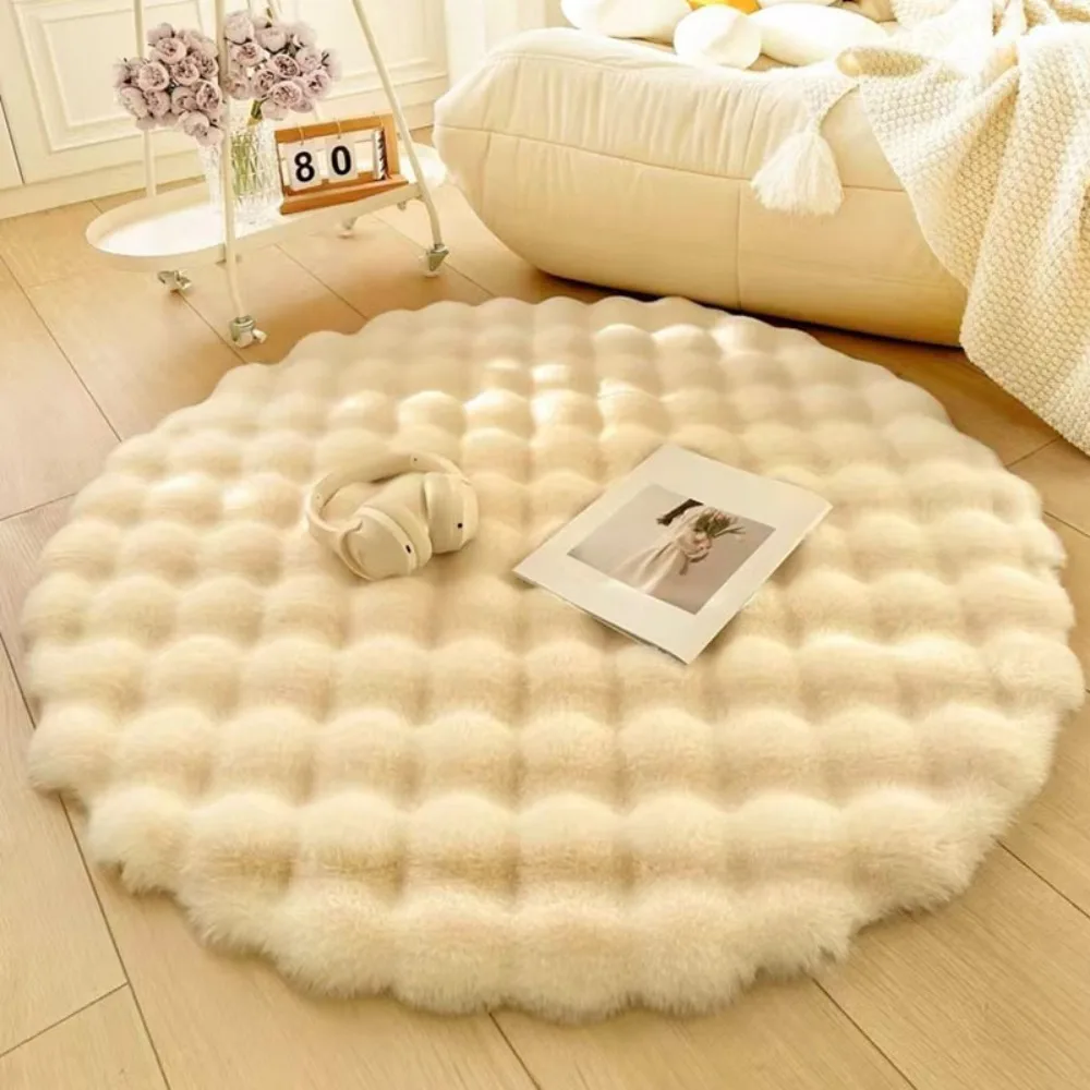 Soft 35/60/80cm Plush Round Carpet Long Hair Round Shaggy Rug Bedroom Bedside Non Slip Faux Rabbit Fur Mat Room Decor