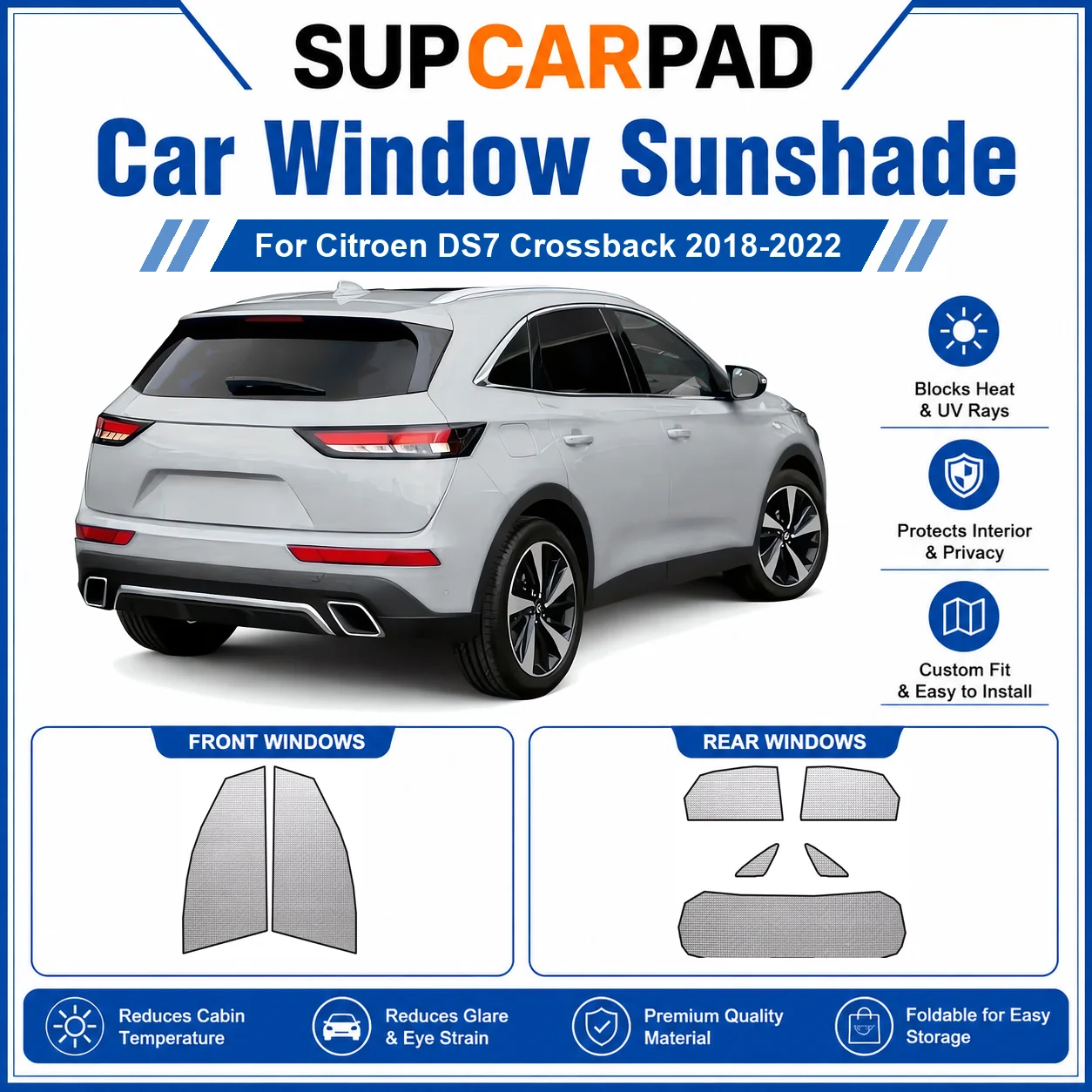 For Citroen - Citroen DS7 Crossback 2018-2022 Full Set Car Window Sunshades UV Block Privacy Heat Insulated Foldable Car Curtain