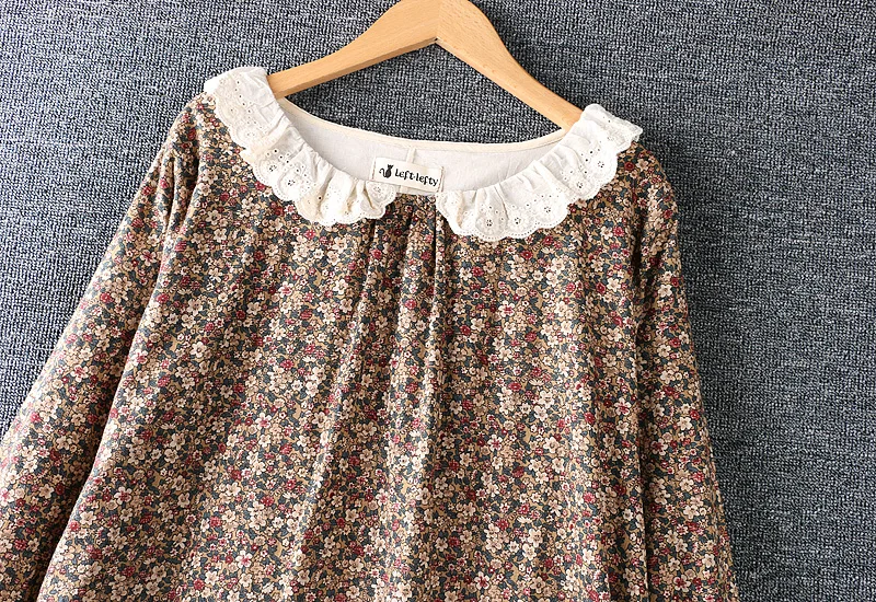 Vintage Japanese Style Lace Peter Pan Collar Long Sleeve Rustic Flowers Print Cotton Layers Dress 2023 Autumn