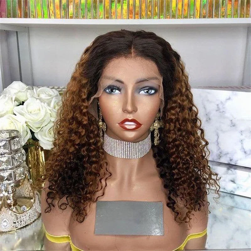 

Soft 26lnch 180Density Ombre Brown Glueless Long Kinky Curly Lace Front Wig For Women With Baby Hair Synthetic Preplucked Daily