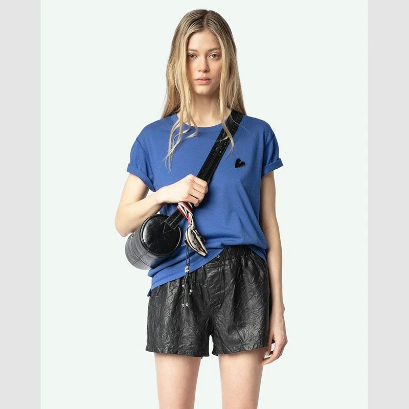 

25 Summer New French Niche ZV Love Letter Embroidery Embroidery Cotton Split Women's Crew Neck Short Sleeve T-Shirt