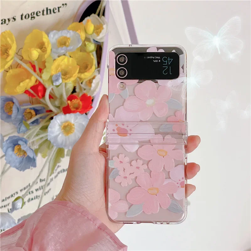 Romantic Pink Oil Painting Flower Phone Case for Samsung Galaxy Z Flip6 4 3 Hard Cover for ZFlip5 Zflip4 Solid Shell Bracket