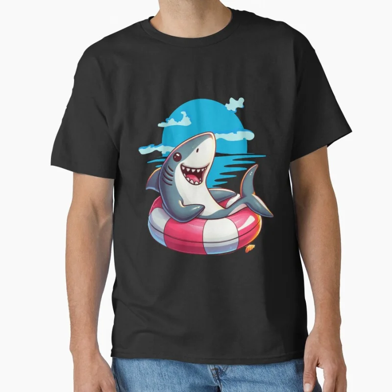 

Funny Shark on a Rubber Ring Time to Relax Summer humor gift T shirt for men Large size Tops S-6XL mens clothing