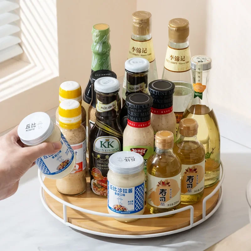 Wooden Rotating Storage Holder Tray Plate Racks for Kitchen with Iron Solid Wood Turntable Round Spice Rack