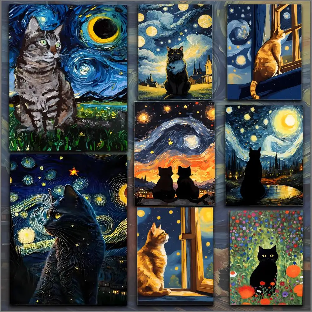 Van Gogh Famous Artworks The Starry Night Black Cat Funny Poster HD Anime Hot Theme Singer/OST/Movie-Waterproof Self-Stick Decor