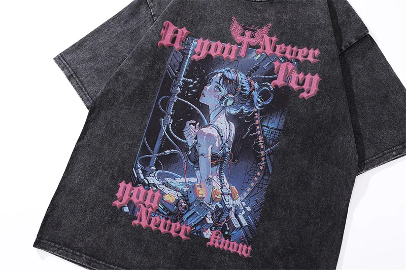 Harajuku Vintage T shirt Men 100% Cotton Anime Girl Print Short Sleeve T-shirts Oversized Streetwear Vintage Gothic Summer Tops image 3