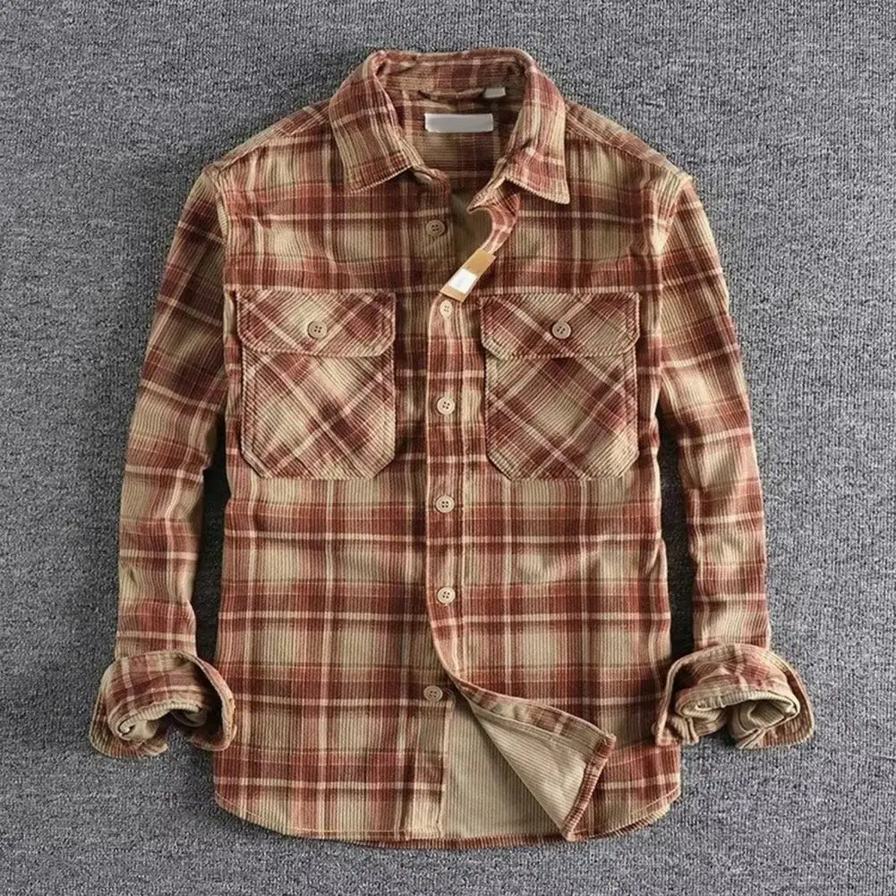 Camisa masculina cáqui xadrez impressão único breasted mangas compridas retro com bolsos no peito comprimento médio cardigan topo primavera outono carga topos