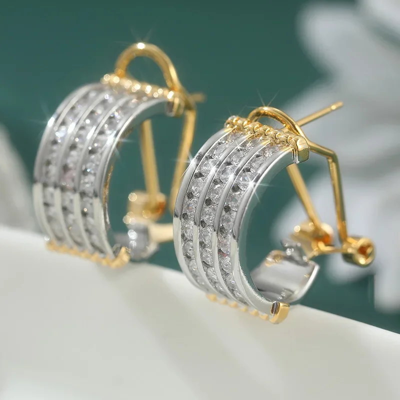 Modische, versilberte, breite Creolen für Damen, vollbesetzt mit Kristallen und Zirkonia, zweifarbige Statement-Ohrringe, Trendschmuck