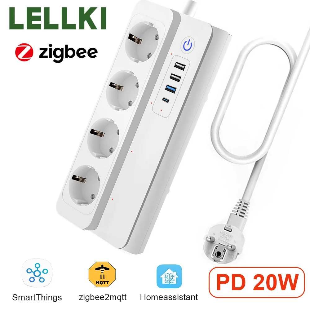 

LELLKI ZigBee EU Power Strip USB-C PD20W Socket Multi-Plug 220V Outlet Timer SmartThings Zigbee2mqtt Yandex Alice Homeassistant