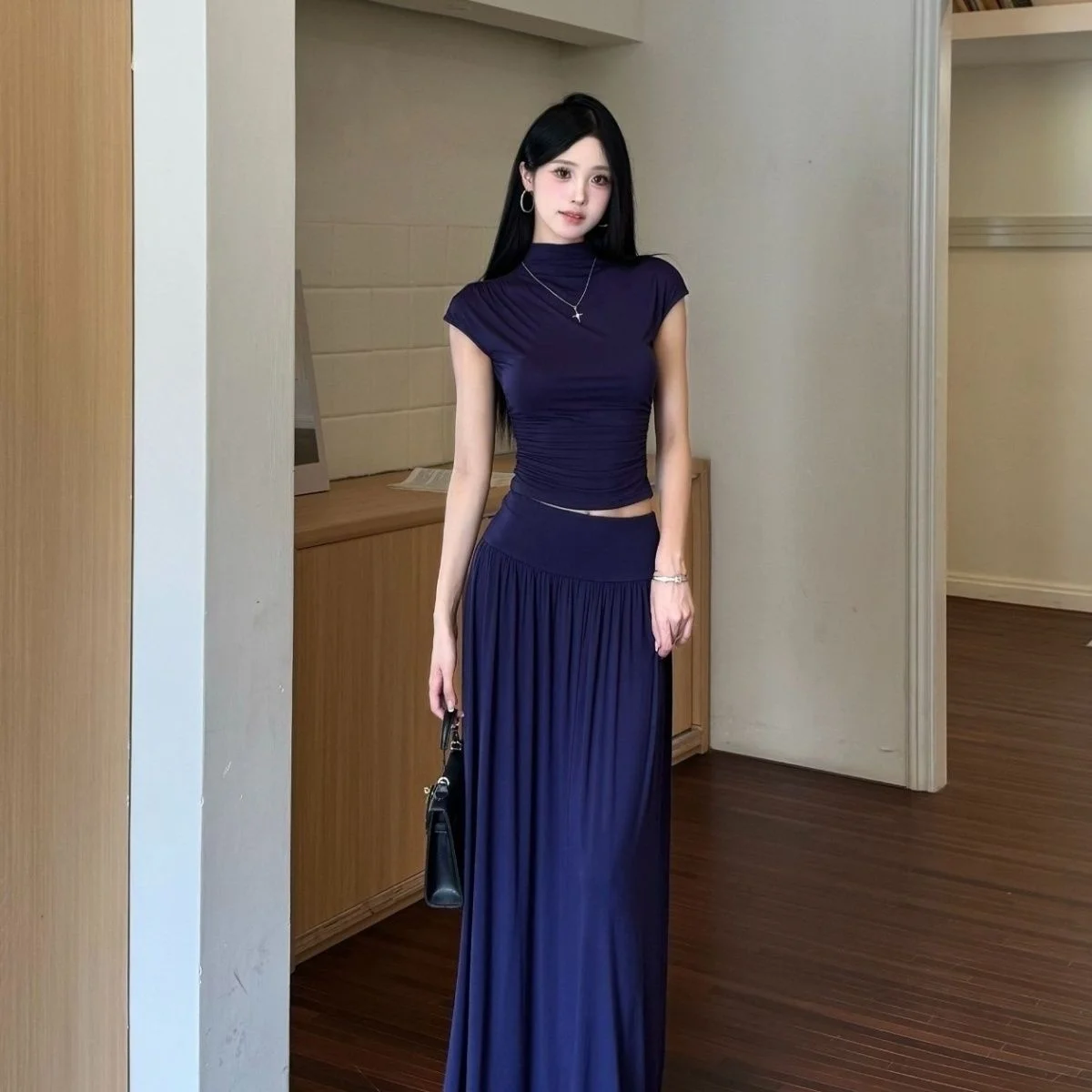 

New Summer Slim Two Piece Set Women Fashion Solid Color Mock Neck Crop Top + High Waist Pleated A-Line Maxi Skirt Outfit