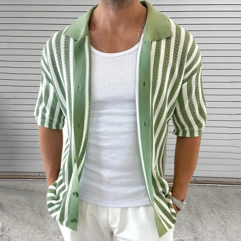 Knitted Cardigan Summer New Striped Color Matching Lapel Short-sleeved Jacket Large Size