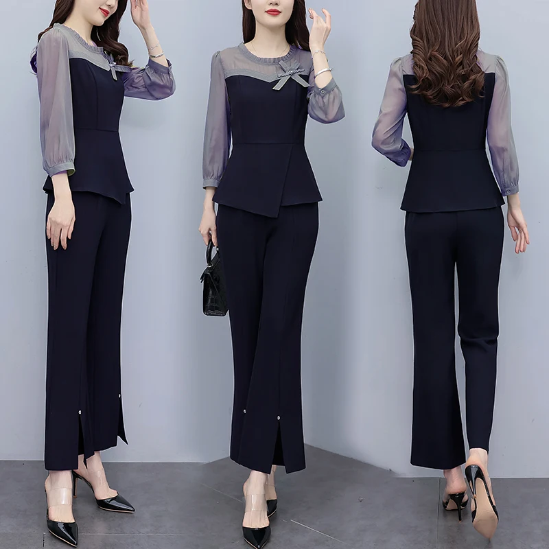 Women Chiffon Patchwork Elegant Pants Sets For Spring Autumn 2023 New Office Lady Slim Bow 2 Pieces Pantsuits Outfits Oversize