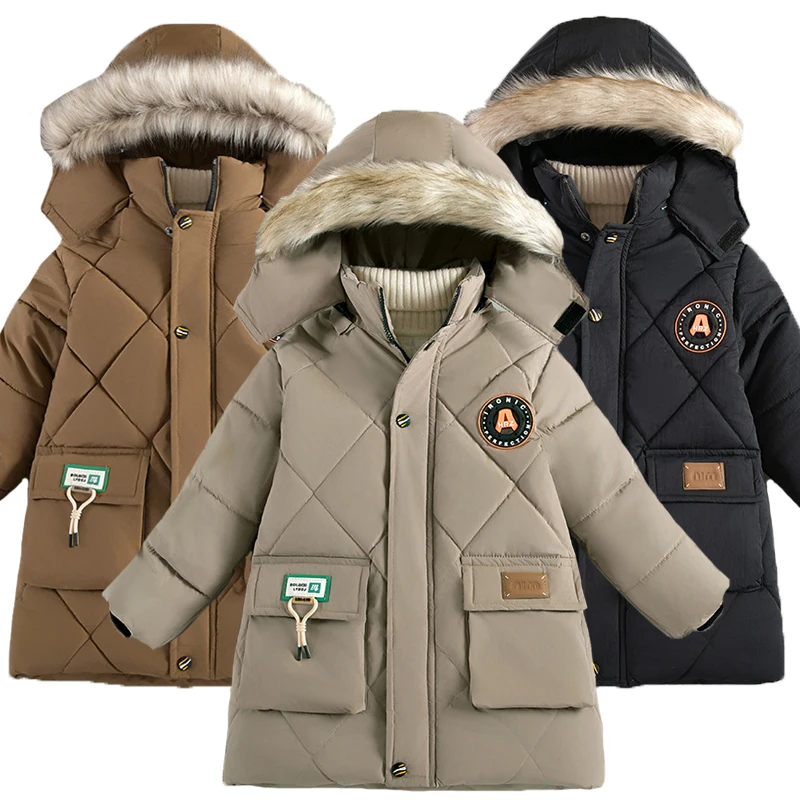 3-10Years Winter Keep Warm Boys Jacket Thick Solid Color Fur Collar Detachable Hat Hooded Coat For Kids Children Outerwear