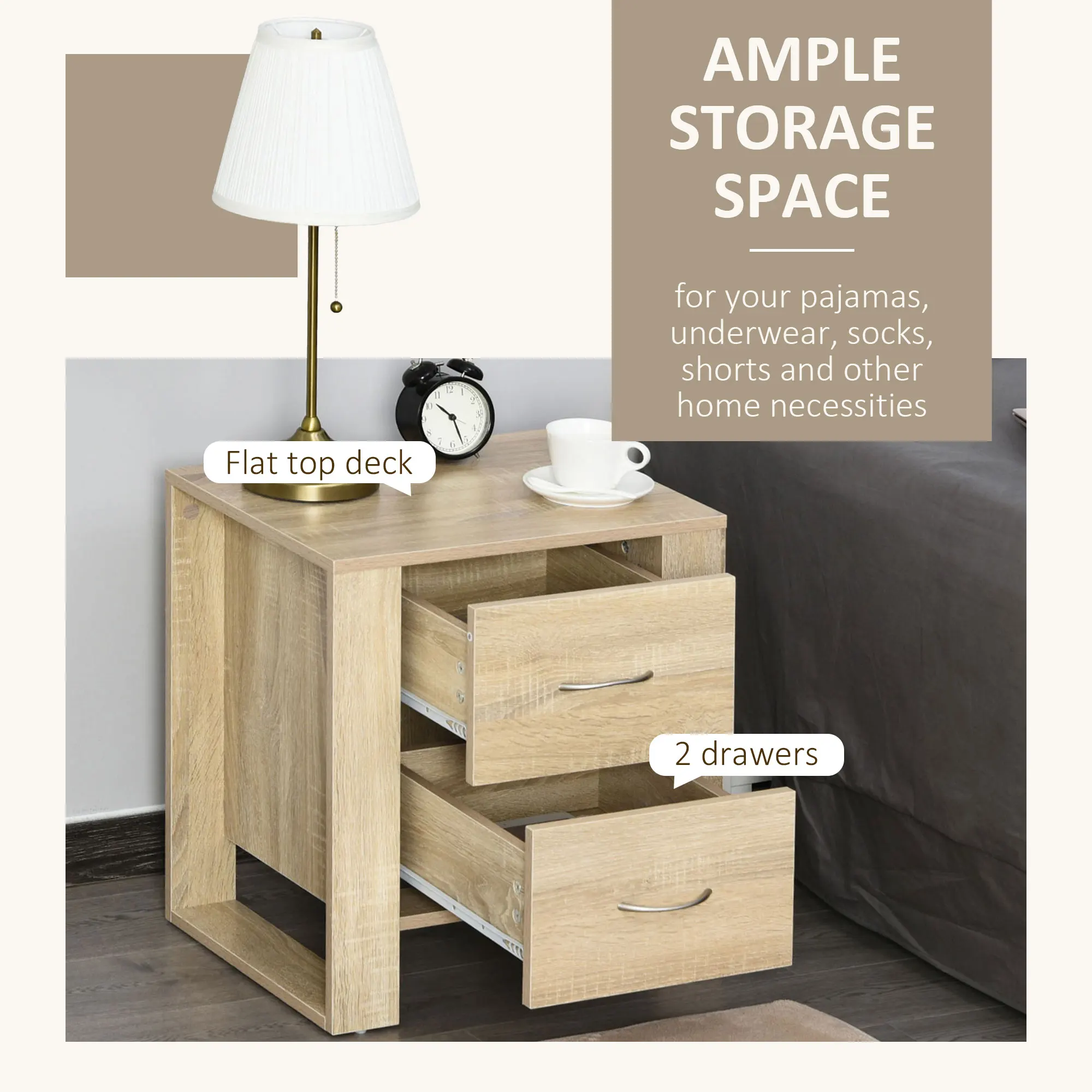 HOMCOM 2 Drawer Boxy Bedside Table w/ Handles Elevated Base Oak Brown