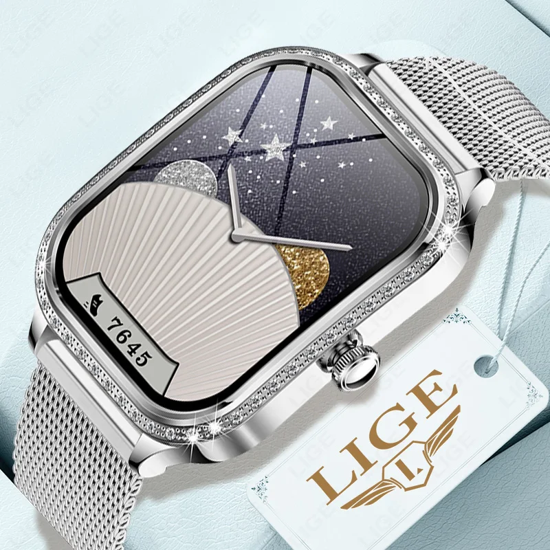 LIGE New Fashion Women's Smart Watch Heart Rate 1.75 Inch HD Screen Diamond Watch Bluetooth Call Waterproof SmartWatch Ladies