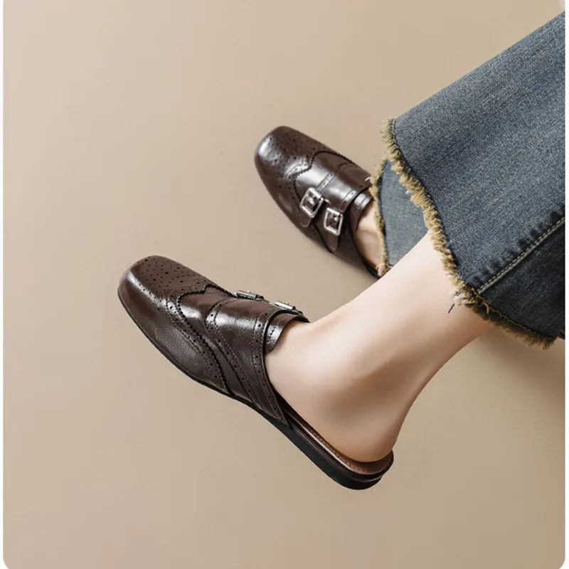 DIMANYU Fashion Women Mules Shoes Double Buckle Closed Toe Slip On Flats Vintage Casual Loafers Women Office Size 35-43