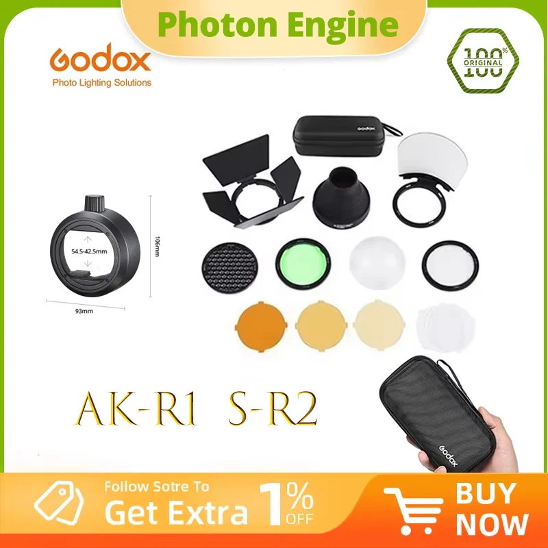 Godox AK-R1  S-R2 Barn Door, Snoot, Color Filter, Reflector, Honeycomb, Diffuser Ball Kits for Godox AD200 H200R V1 Flash Head