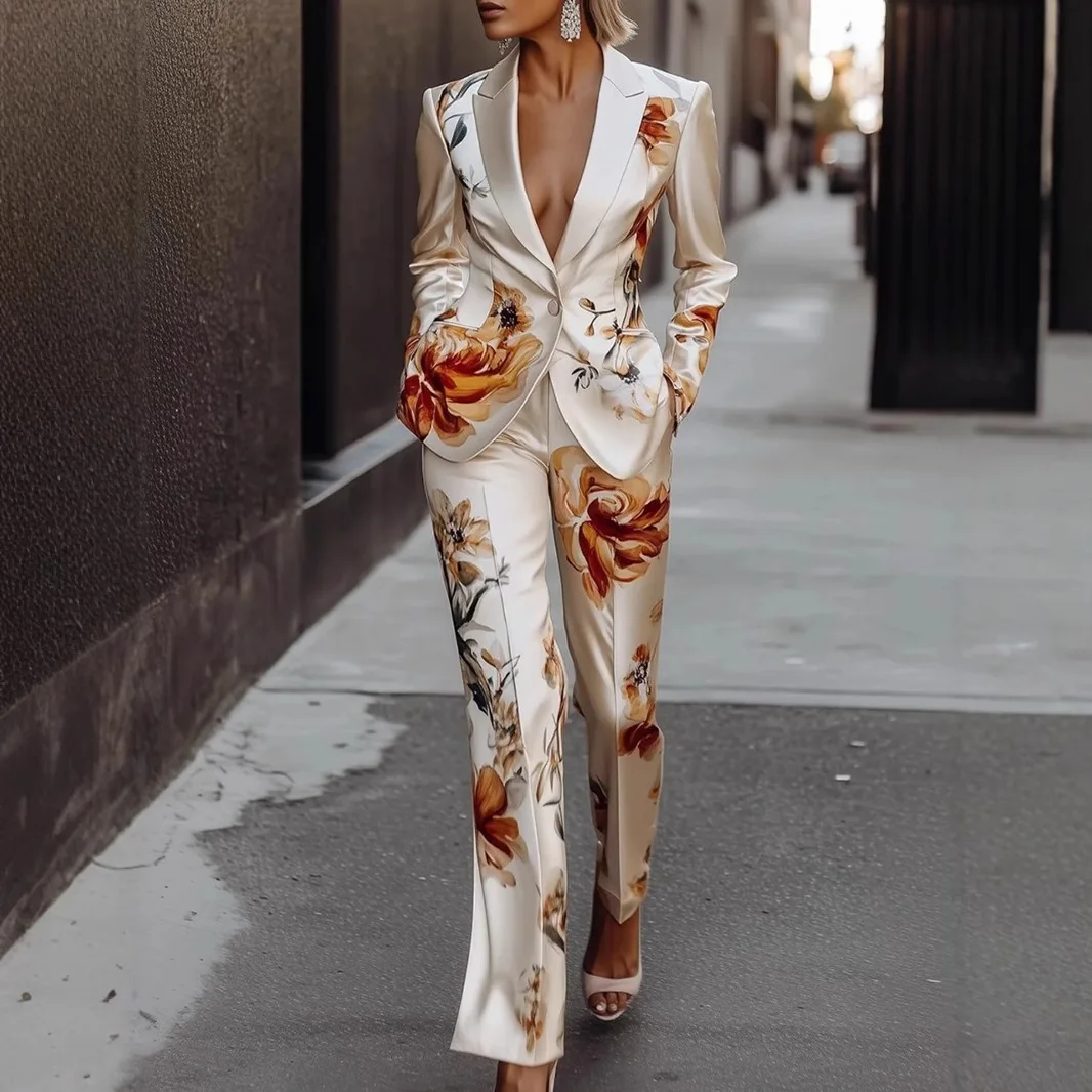 

Women's Sexy Deep V Satin Office Suit 2pcs Set Winter White Glossy Long Sleeved One Button Jacket&Straight Leg Pants Vacation