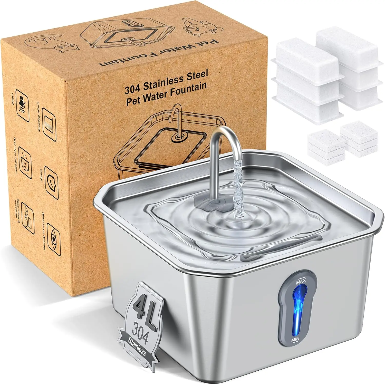 

Stainless Steel Cat Water Fountain, 4L Automatic Circulation, Quiet Pet Water Dispenser for Cats & Dogs (Includes 6 Filters + 6