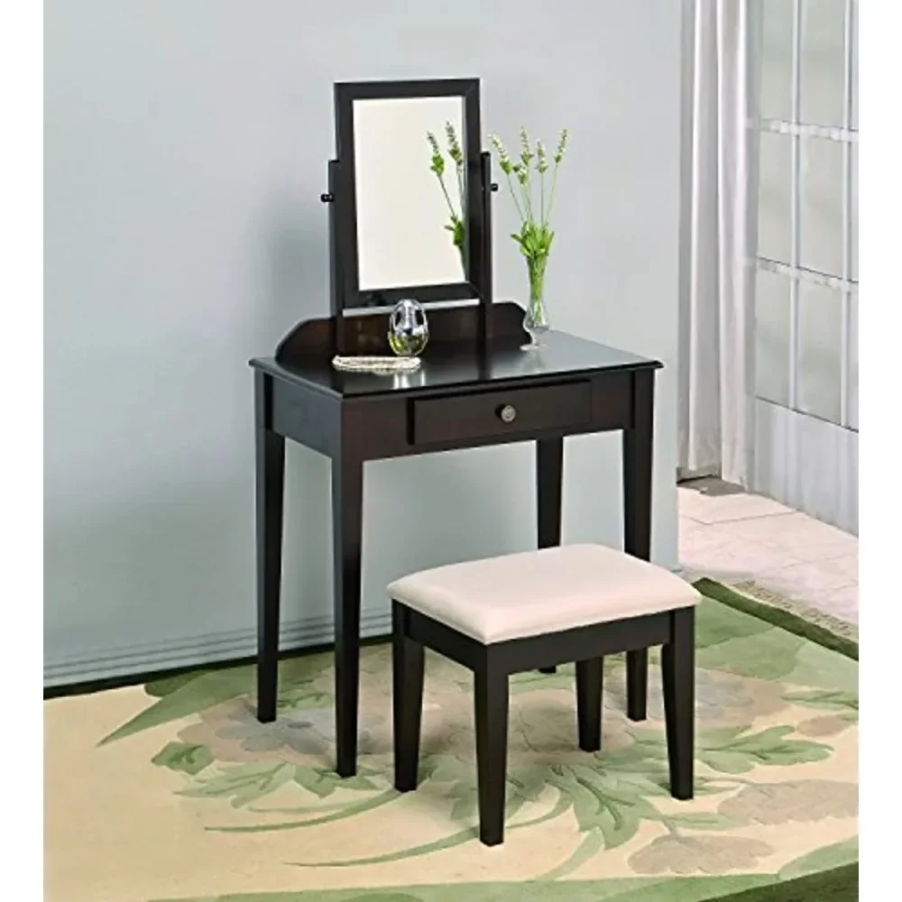 Crown Mark Iris Vanity Table & Stool Set In Espresso Finish, Transitional for Any Room 2023 New