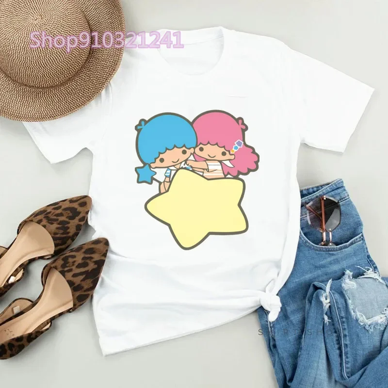 New Fashion Women T-shirt Little Twin Star Print Short Sleeve and Round Neck Cute Graphic Tee Shirts Korea Female Tops Clothing