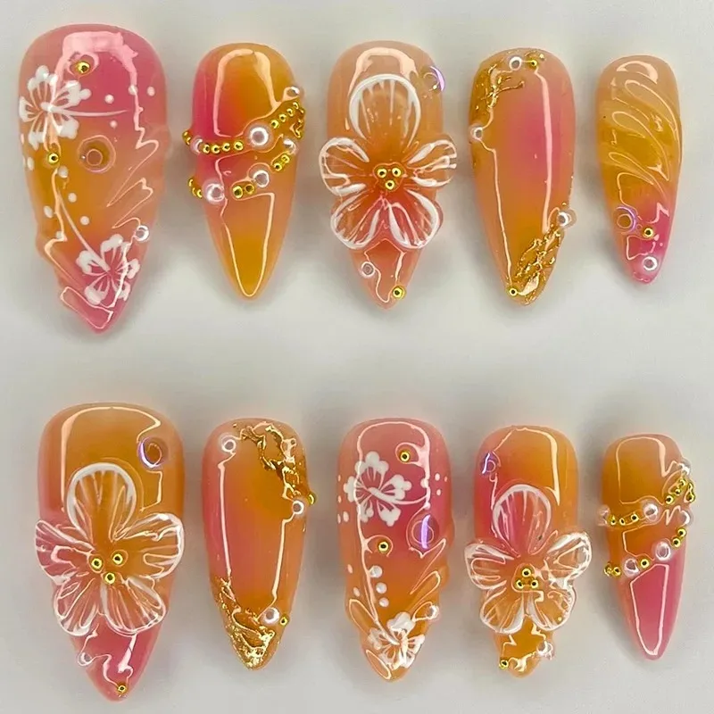 

24pcs White Flower Fake Nail Tips Ins Yellow Pink Blush False Nails Wearable Full Cover European Almond Shaped Press on Nails