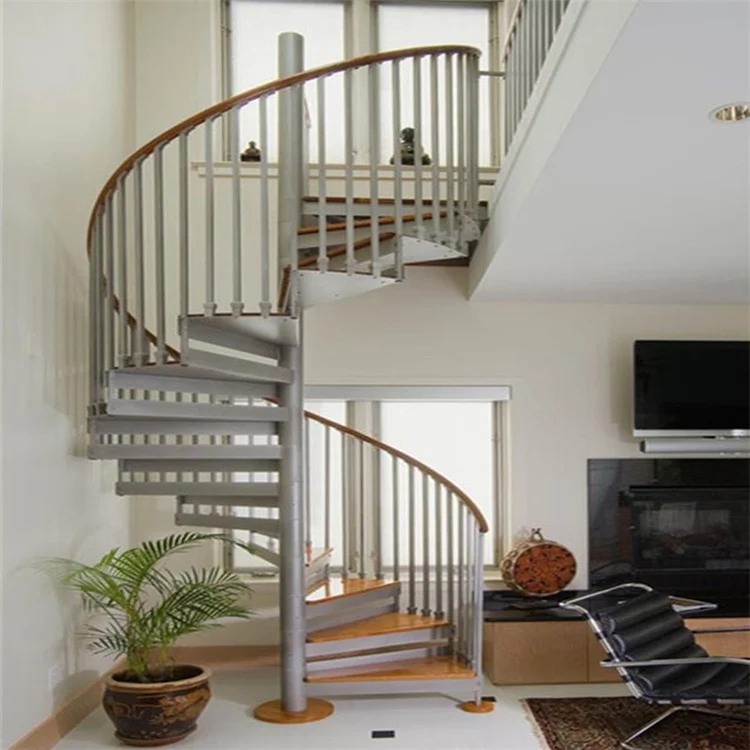 Modern Indoor Use Central Round Stringer Wood Stairs Treads with Glass Railing Attic Spiral Staircase