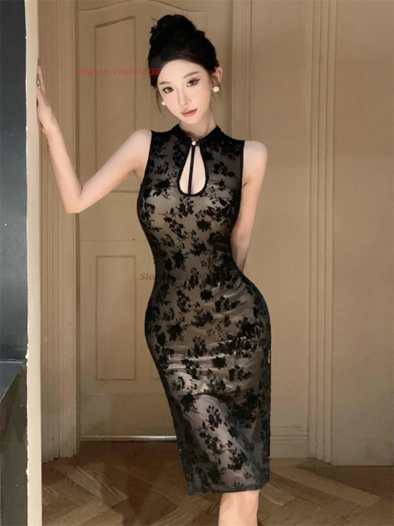 

2024 chinese improved cheongsam sexy qipao dress national flower print sleeveless qipao nightclub evening banquet dress qipao