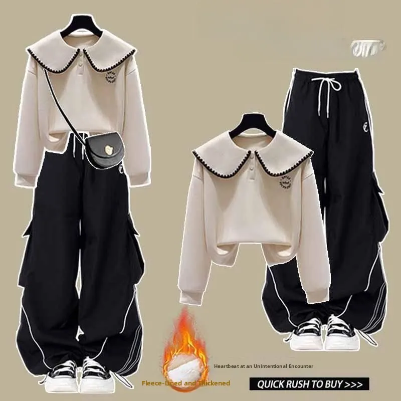 

Casual Fleece Lined Sweatshirt And Pants Set Women's Autumn Winter Fashionable Sportswear Doll Collar Design High Waist Trousers