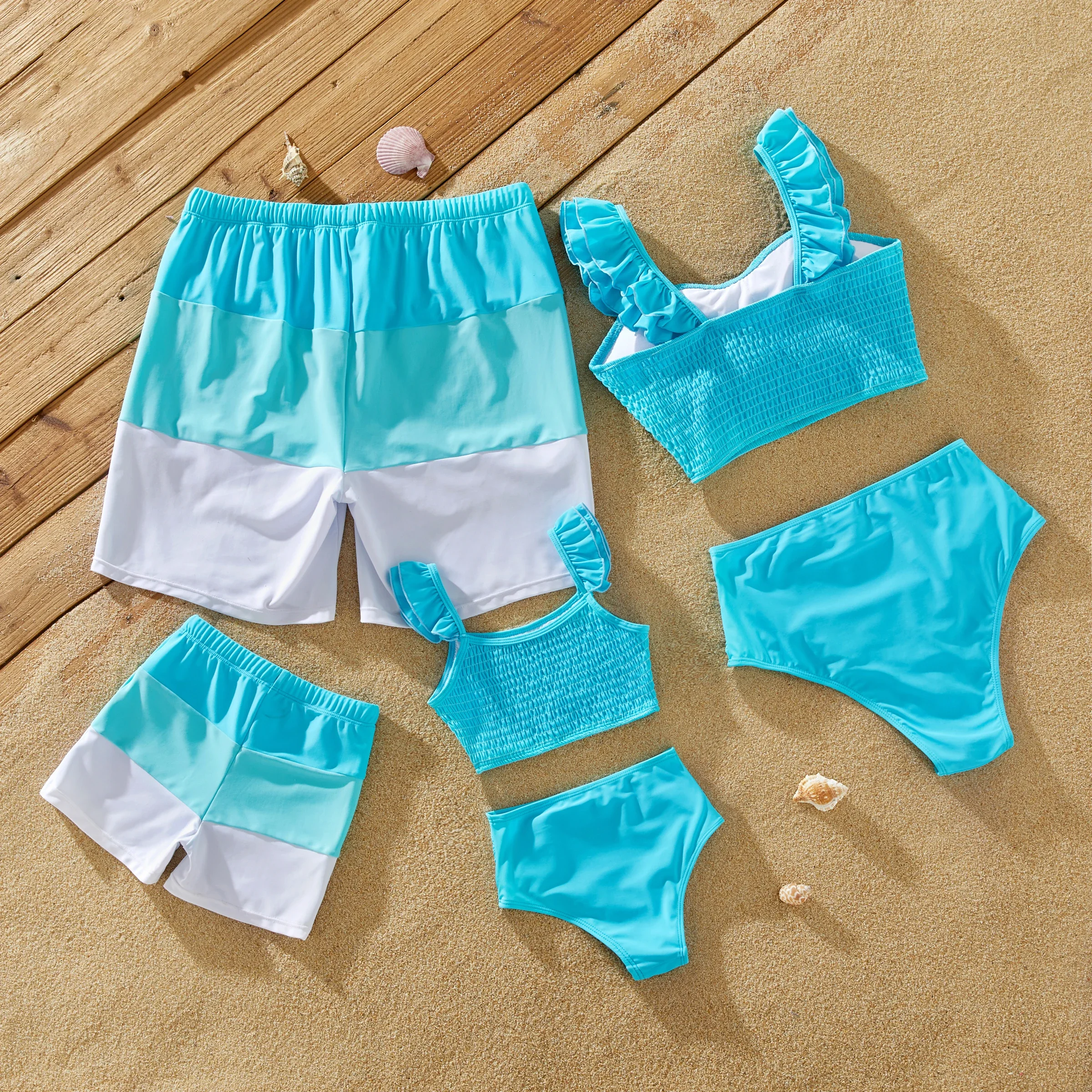 PatPat Family Matching Colorblock Drawstring Swim Trunks or Shirred Ruffle Strap Two-Piece Swimsuit Suitable for Summer Season