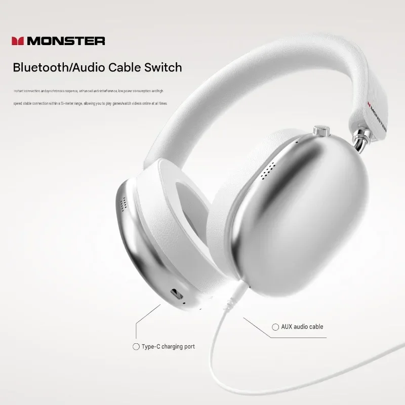 Monster AH100 ANC Over-Ear Headphone Bluetooth 6.0 -45dB Active Noise Cancelling Earphones Hifi Stereo Wireless Headset Durable
