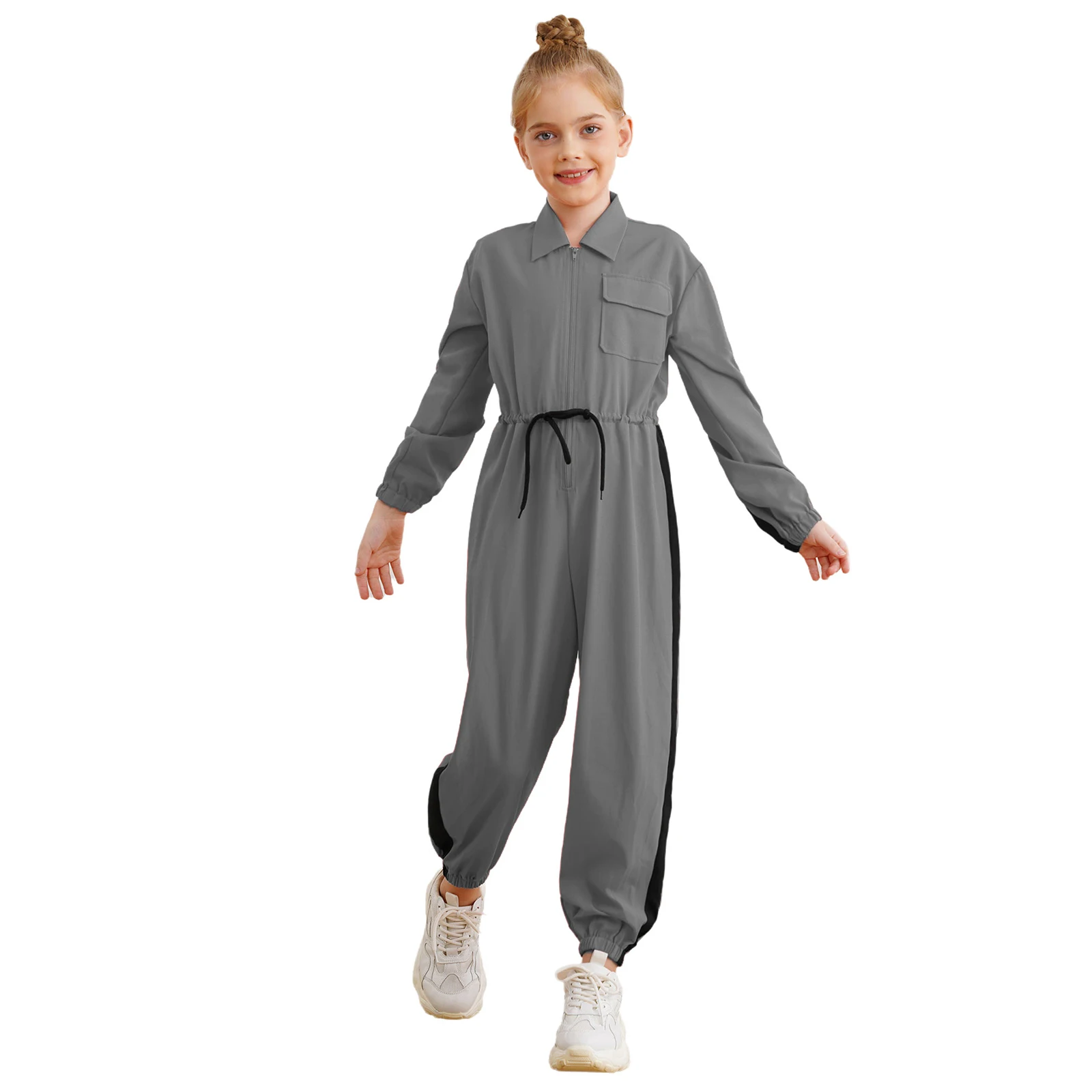 Kids Girls Jumpsuits Spring Fall Fashion Color Block Turn-Down Collar Long Sleeve Zipper Drawstring Waist Rompers Casual Clothes