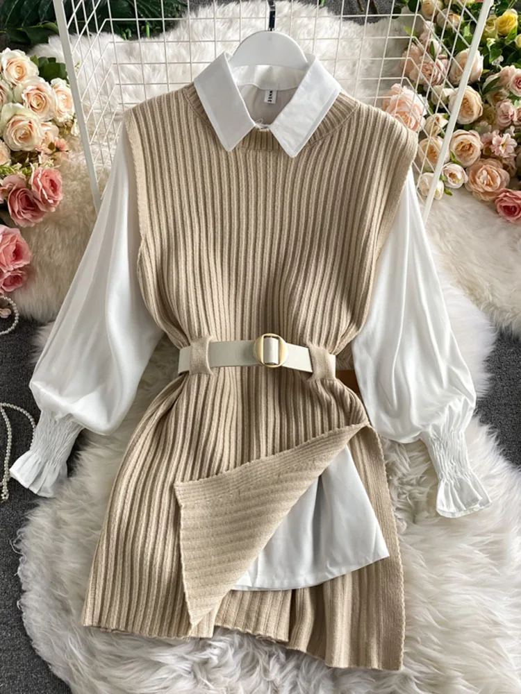 

Spring Autumn Women's Lantern Sleeve Shirt Knitted Piece Of College Style Waistband Vest Two Sets Top Uk900