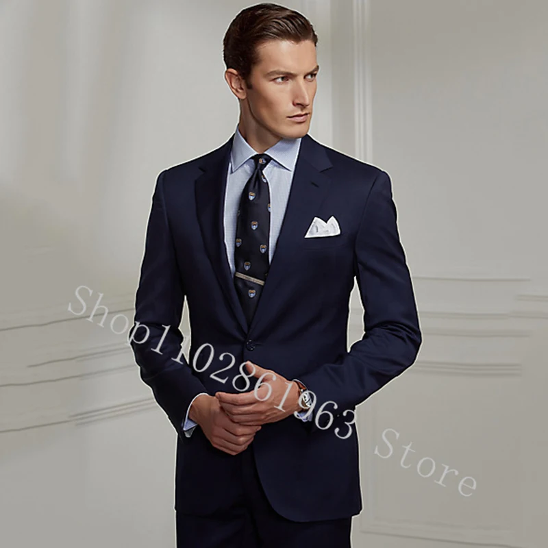 

Navy Blue Formal Business Men Suit Slim Fit Notched Lapel Two Buttons 2 Pieces Groomsmen Bridegroom Wedding Tuxedo Costume Homme