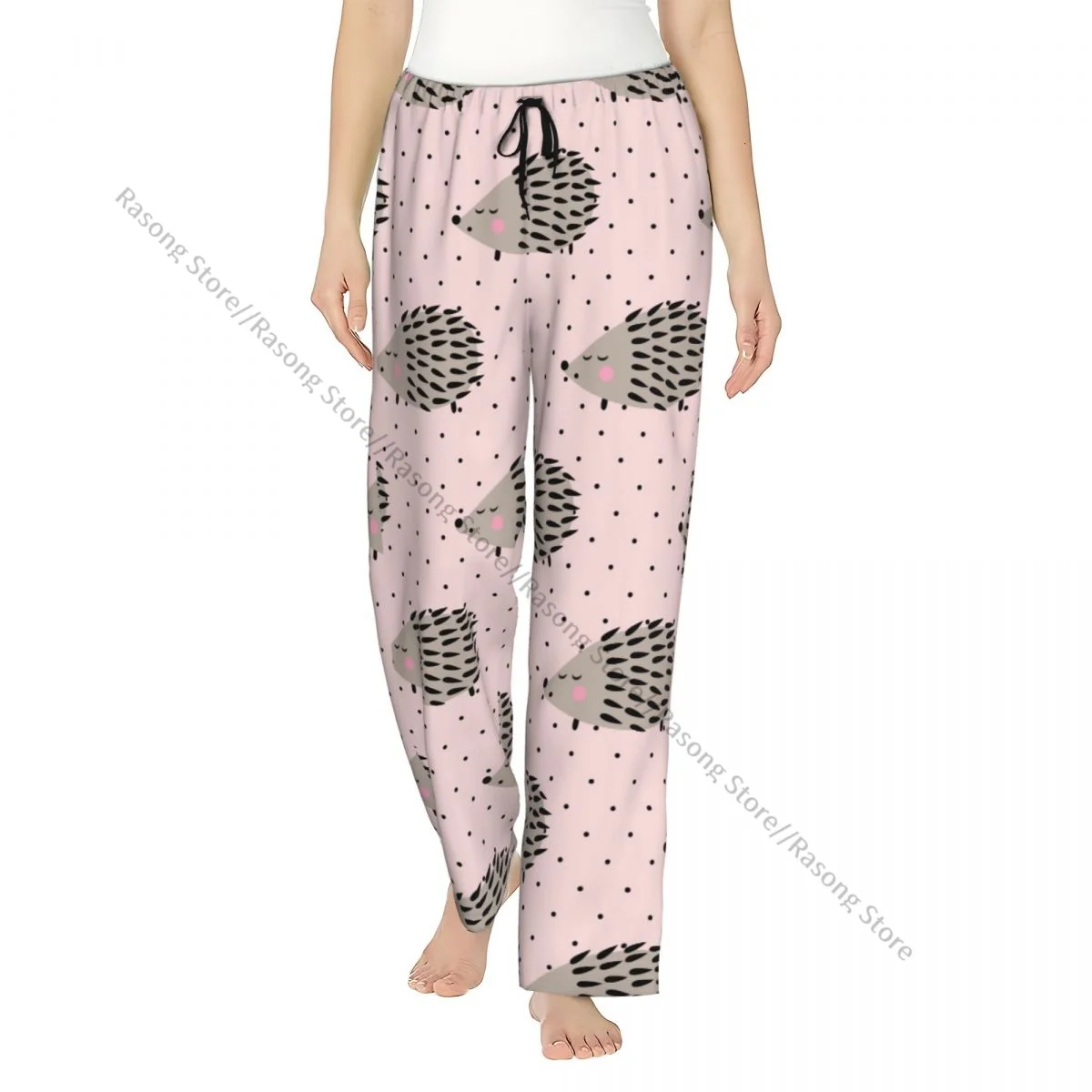 

Hedgehog Pattern Pink Women Sleep Pants Warm Flannel Lounge Pants for Winter Nights