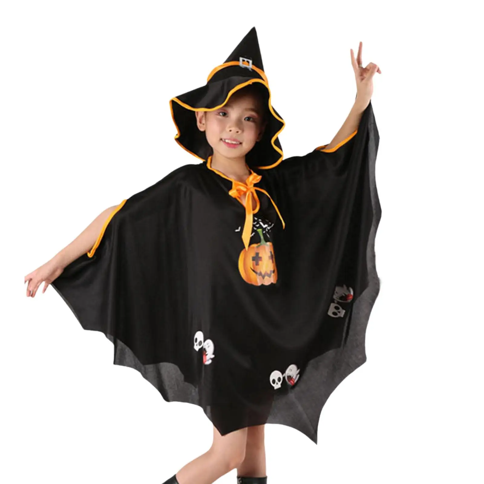 Fantasia infantil de Halloween, capa e chapéu de bruxa para performance em festival, dramatização preta