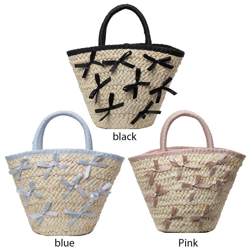 

Women Fashion Weave Basket Bag Large Capacity Bow Woven Tote Bag Elegant Top-Handle Bags Drawstring Closure for Beach Vacation