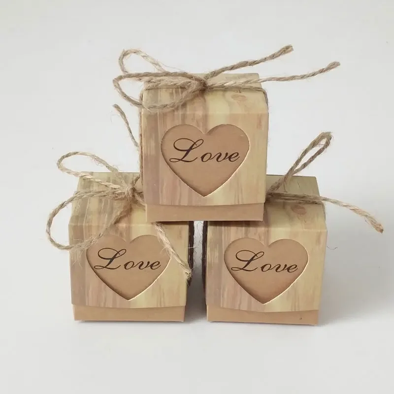 50/100 Pcs Heart Love Gift Box DIY Kraft Paper Love Candy Box Wood Grain Heart-Shaped Hollow Candy Box